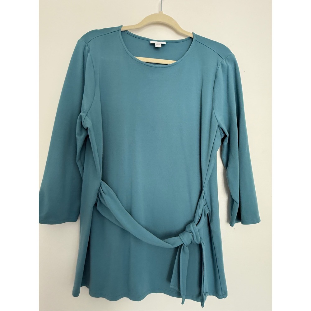 J Jill Ponte Tie Front Tunic Blue Green Women's Large 3/4 Length Sleeves Stretch